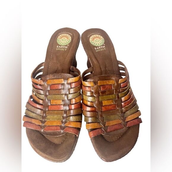 Earth Spirit Birch Wedge Heel Sandals Leather Strappy Slip On Shoes Multicolor - Picture 4 of 9